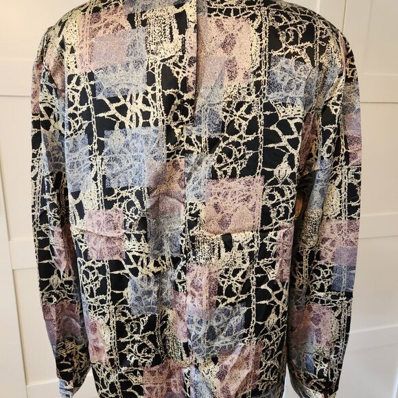 vintage silky blouse black gold silky blouse turtle neck pleated abstract size 8 - Picture 6 of 10